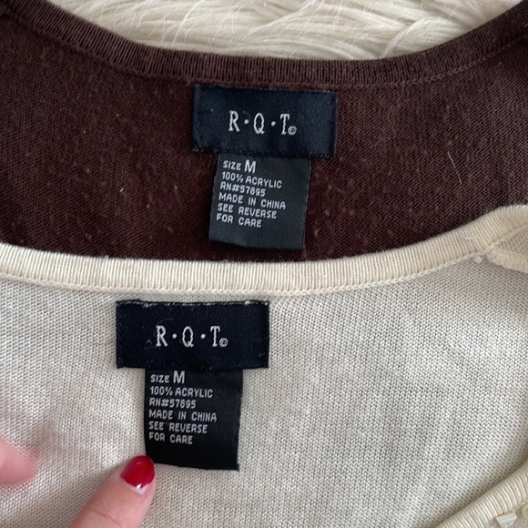 RQT brown beige white shirt sleeve v neck beaded bedazzled blouse top shirts M - Picture 13 of 16